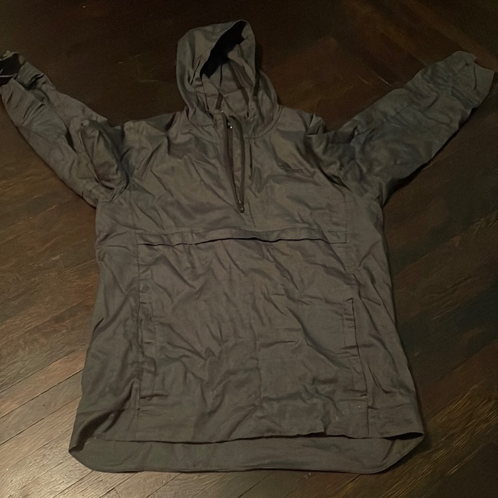 Comfortable Adidas Charcoal Jacket. Zipper pocket, side pockets, and hood.